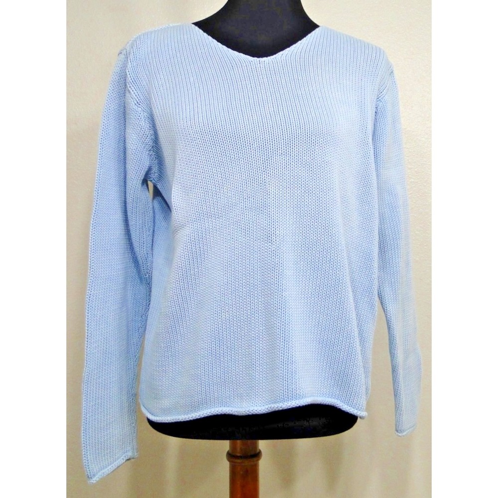 Eileen Fisher Woman Tight‎ Knit Crochet Baby Blue Pullover Sweater Large Petite